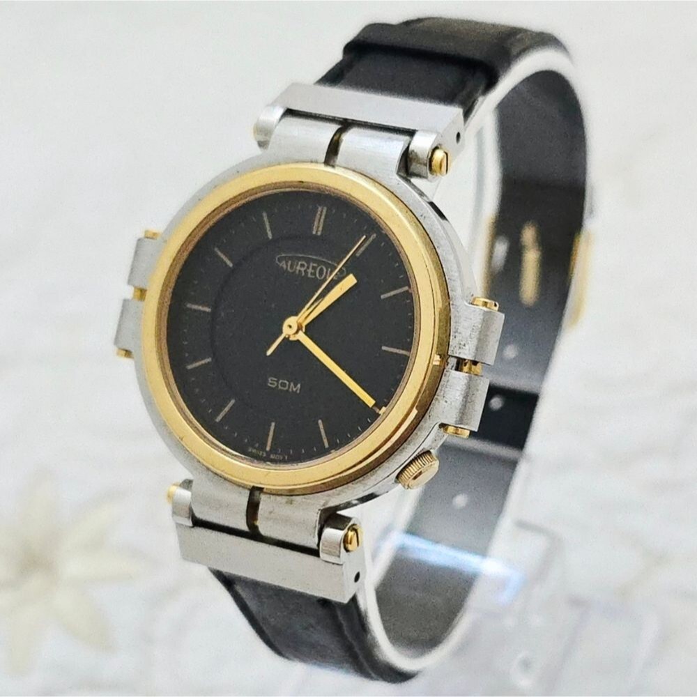 Vintage Aureole Quartz Men's Watch SW-288 Two-Tone Black Gold Swiss Made 33mm
